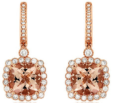 4.68CT DIAMOND & AAA MORGANITE 14K ROSE GOLD 3D CUSHION & ROUND HANGING EARRINGS