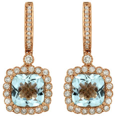4.18CT DIAMOND & AAA AQUAMARINE 14KT ROSE GOLD CUSHION & ROUND HANGING EARRINGS