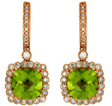 4.78CT DIAMOND & AAA PERIDOT 14KT ROSE GOLD 3D CUSHION & ROUND HANGING EARRINGS
