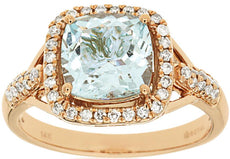 2.3CT DIAMOND & AAA AQUAMARINE 14K ROSE GOLD 3D CUSHION & ROUND ENGAGEMENT RING