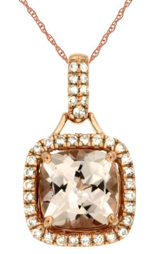 2.24CT DIAMOND & AAA MORGANITE 14KT ROSE GOLD 3D CUSHION & ROUND HALO PENDANT