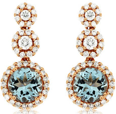 1.3CT DIAMOND & AAA AQUAMARINE 14K ROSE GOLD ROUND HALO JOURNEY HANGING EARRINGS