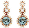1.3CT DIAMOND & AAA AQUAMARINE 14K ROSE GOLD ROUND HALO JOURNEY HANGING EARRINGS
