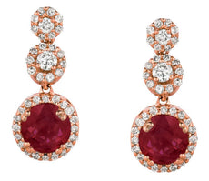 1.37CT DIAMOND & AAA RUBY 14K ROSE GOLD ROUND HALO MULTI FLOWER HANGING EARRINGS