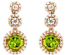 1.45CT DIAMOND & AAA PERIDOT 14KT ROSE GOLD ROUND MULTI FLOWER HANGING EARRINGS