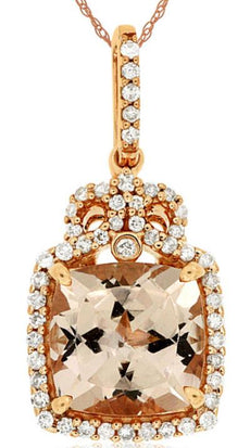2.20CT DIAMOND & AAA MORGANITE 14K ROSE GOLD 3D CUSHION & ROUND FLOATING PENDANT