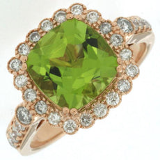 3.60CT DIAMOND & AAA PERIDOT 14K ROSE GOLD 3D CUSHION & ROUND FLOWER SQUARE RING