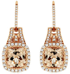 4.70CT DIAMOND & AAA MORGANITE 14KT ROSE GOLD CUSHION & ROUND HANGING EARRINGS