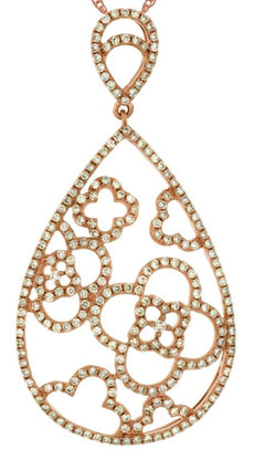 1CT DIAMOND 14KT ROSE GOLD MULTI FLOWER OPEN FILIGREE TEAR DROP FLOATING PENDANT