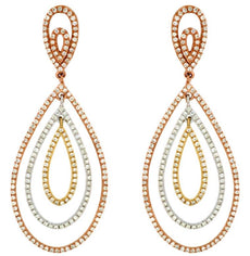 LARGE 1.45CT DIAMOND 14KT ROSE GOLD 3D CLASSIC TRIPLE TEAR DROP HANGING EARRINGS