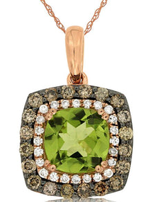 1.43CT WHITE & MOCHA DIAMOND & AAA PERIDOT 14K ROSE GOLD SQUARE FLOATING PENDANT