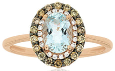 .98CT WHITE & MOCHA DIAMOND & AAA AQUAMARINE 14K ROSE GOLD OVAL DOUBLE HALO RING