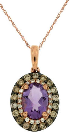.94CT WHITE & MOCHA DIAMOND & AAA AMETHYST 14KT ROSE GOLD OVAL FLOATING PENDANT
