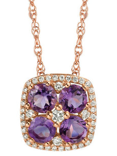 1.18CT DIAMOND & AAA AMETHYST 14KT ROSE GOLD 3D FLOWER SQUARE FLOATING PENDANT