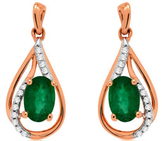 .98CT DIAMOND AAA EMERALD 14KT ROSE GOLD OVAL & ROUND TEAR DROP HANGING EARRINGS