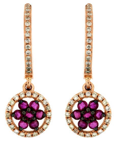 ESTATE 0.75CT DIAMOND & AAA RUBY 14KT ROSE GOLD FLOWER CIRCULAR HANGING EARRINGS