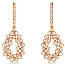 1.07CT DIAMOND 14K ROSE GOLD ROUND BEZEL OPEN TEAR DROP CLUSTER HANGING EARRINGS