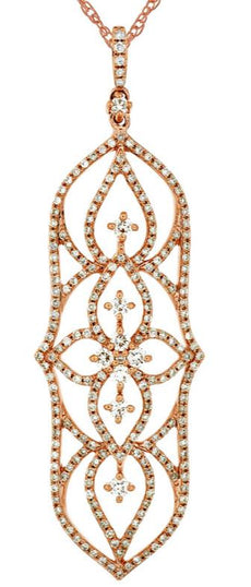 .90CT DIAMOND 14KT ROSE GOLD 3D ELONGATED OPEN FILIGREE FLOWER FLOATING PENDANT