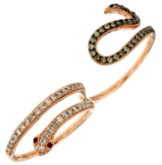 .5CT WHITE & MOCHA DIAMOND & AAA RUBY 14K ROSE GOLD SNAKE DOUBLE FINGER FUN RING
