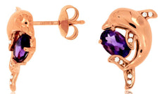 1.0CT DIAMOND & AAA AMETHYST 14KT ROSE GOLD OVAL HAPPY DOLPHIN HANGING EARRINGS