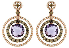 5.76CT WHITE & MOCHA DIAMOND & AAA AMETHYST 14KT ROSE GOLD 3D HANGING EARRINGS