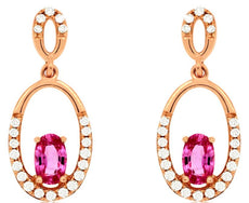 .85CT  DIAMOND & AAA PINK SAPPHIRE 14KT ROSE GOLD OVAL & ROUND HANGING EARRINGS