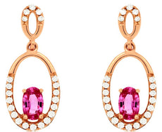 .85CT  DIAMOND & AAA PINK SAPPHIRE 14KT ROSE GOLD OVAL & ROUND HANGING EARRINGS
