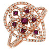 ESTATE .71CT DIAMOND & AAA RUBY 14K ROSE GOLD OPEN FILIGREE FLOWER LEAF FUN RING