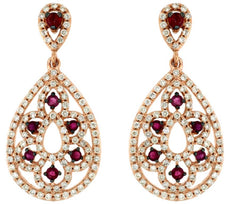 1.28CT DIAMOND & AAA RUBY 14K ROSE GOLD OPEN FILIGREE TEAR DROP HANGING EARRINGS