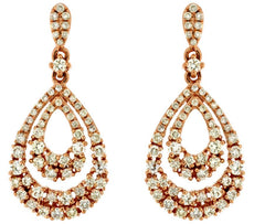 ESTATE .90CT DIAMOND 14K ROSE GOLD CLASSIC DOUBLE ROW TEAR DROP HANGING EARRINGS