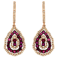 ESTATE 1.64CT DIAMOND & AAA RUBY 14KT ROSE GOLD 3D TEAR DROP HANGING EARRINGS