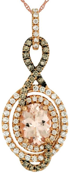 1.5CT WHITE & MOCHA DIAMOND & MORGANITE 14KT ROSE GOLD OVAL & ROUND HALO PENDANT