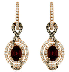 3.02CT WHITE & MOCHA DIAMOND & AAA RHODOLITE 14K ROSE GOLD OVAL HANGING EARRINGS