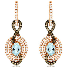 2.42CT WHITE & MOCHA DIAMOND & AAA AQUAMARINE 14KT ROSE GOLD 3D HANGING EARRINGS