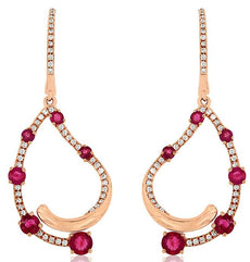 1.44CT DIAMOND & AAA RUBY 14KT ROSE GOLD 3D DOUBLE HEART HANGING LOVE EARRINGS