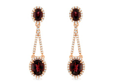 5.07CT DIAMOND & AAA RHODOLITE 14KT ROSE GOLD 3D OVAL & ROUND HANGING EARRINGS