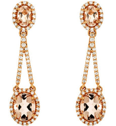 3.47CT DIAMOND & AAA MORGANITE 14KT ROSE GOLD 3D OVAL & ROUND HANGING EARRINGS