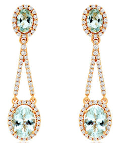 3.77CT DIAMOND & AAA AQUAMARINE 14K ROSE GOLD OVAL & ROUND HALO HANGING EARRINGS