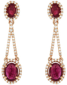 4.32CT DIAMOND & AAA RUBY 14KT ROSE GOLD 3D OVAL & ROUND HALO HANGING EARRINGS