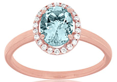 1.22CT DIAMOND & AAA AQUAMARINE 14KT ROSE GOLD OVAL & ROUND HALO ENGAGEMENT RING