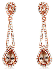 2.41CT DIAMOND & AAA MORGANITE 14KT ROSE GOLD TEAR DROP CLASSIC HANGING EARRINGS