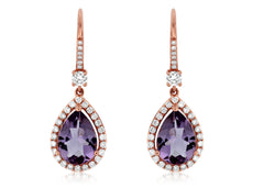 3.36CT DIAMOND & AAA AMETHYST 14K ROSE GOLD TEAR DROP LEVERBACK HANGING EARRINGS