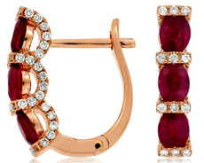 1.75CT DIAMOND & AAA RUBY 14K ROSE GOLD OVAL & ROUND LEVERBACK HANGING EARRINGS