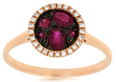 .63CT DIAMOND & AAA RUBY 14K ROSE & BLACK GOLD 3D CLUSTER CIRCULAR HALO FUN RING