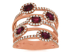 WIDE 1.65CT DIAMOND & AAA RUBY 14KT ROSE GOLD OVAL & ROUND MULTI ROW FUN RING
