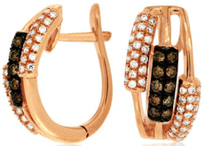 ESTATE WIDE .70CT WHITE & MOCHA DIAMOND 14KT ROSE GOLD OVAL HUGGIE HOOP EARRINGS