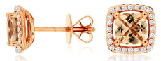 1.14CT DIAMOND & AAA MORGANITE 14KT ROSE GOLD CUSHION & ROUND HALO STUD EARRINGS