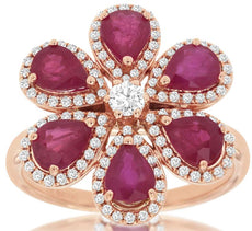 2.4CT DIAMOND & AAA RUBY 14K ROSE GOLD PEAR SHAPE & ROUND MULTI LEAF FLOWER RING