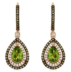 2.06CT WHITE & MOCHA DIAMOND & AAA PERIDOT 14KT ROSE GOLD PEAR HANGING EARRINGS