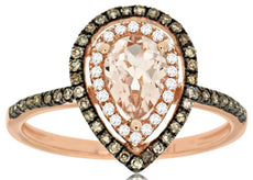 .83CT WHITE & MOCHA DIAMOND & AAA MORGANITE 14KT ROSE GOLD PEAR SHAPE FUN RING
